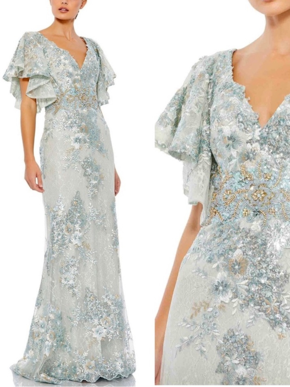 NWOT Mac Duggal beaded flutter sleeve gown